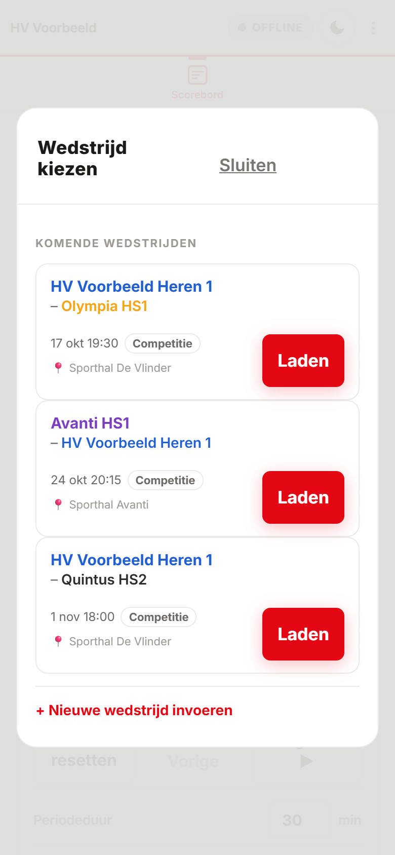 Scherm met de komende wedstrijden van het team, met een Laden-knop per wedstrijd