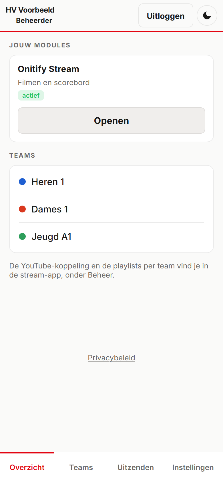 Onitify Club: overzicht met de modules van de vereniging en de lijst van teams