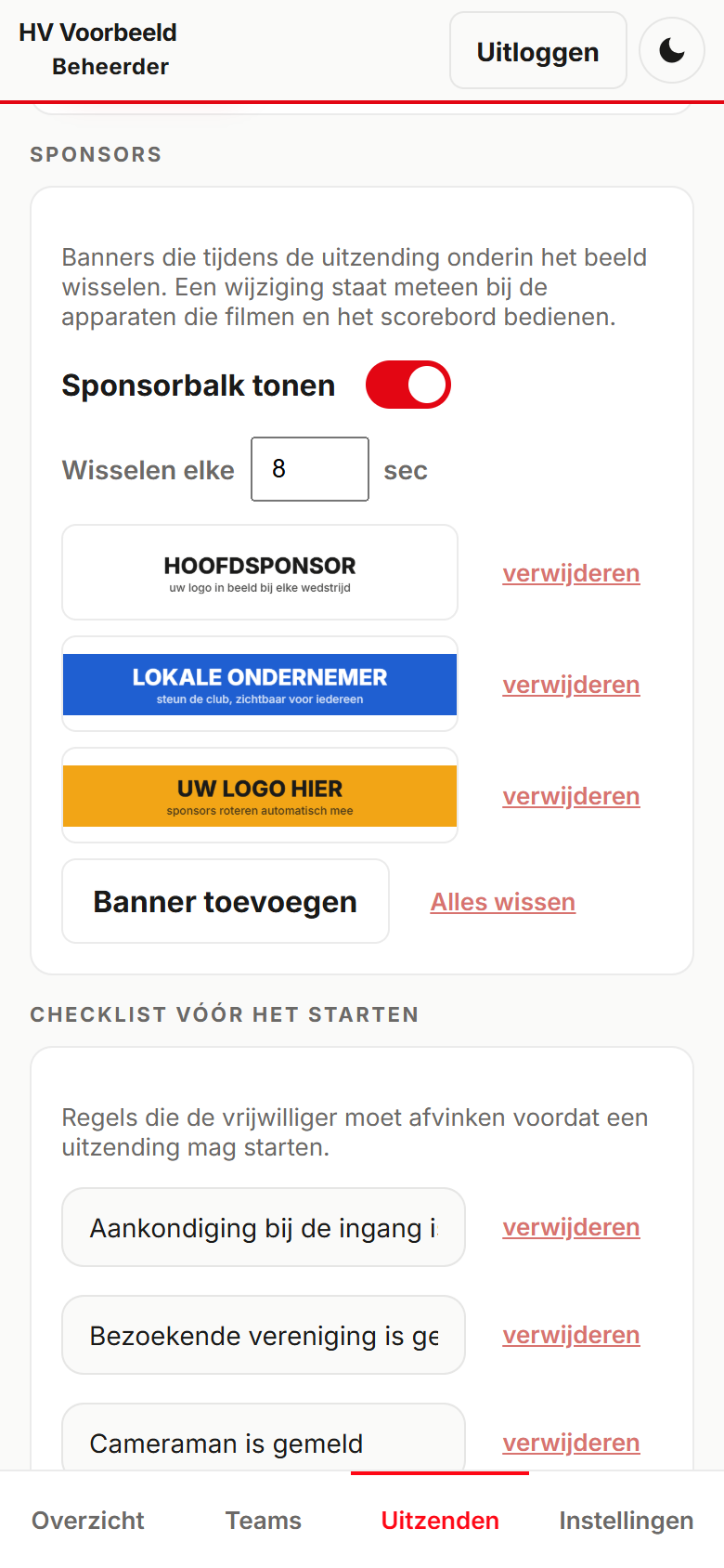 Sponsorbeheer: banners toevoegen, wisseltijd instellen en de sponsorbalk aan- of uitzetten
