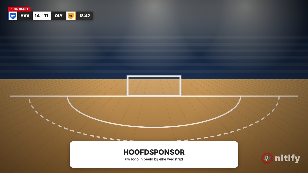 Voorbeeld van een uitzending: linksboven de scorebug met clublogo's, afkortingen, stand, klok en periode; onderin wisselt een sponsorbanner.